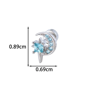 Silver star and moon stud earrings with blue cubic zirconia measuring 0.89cm by 0.69cm
