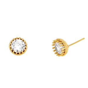 Vintage gold plated round zircon stud earrings with crown setting and micro bead frame