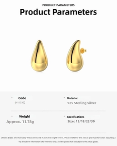 Detailed size comparison chart of 925 sterling silver teardrop earrings in gold finish