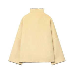 Women's cream wool-textured high collar jacket with decorative black whipstitch edges