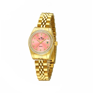 Detail of pink dial women's quartz watch with rhinestone bezel and gold steel strap