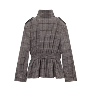 Veste en laine mélangée à carreaux avec col montant et ourlet à volants, gris et beige