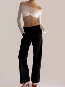 White off-shoulder long sleeve crop top with twist front detail and sheer mesh fabric