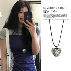 Vintage Carved Heart Pendant Necklace With Black Wax Rope Adjustable Cord Bohemian Ethnic Jewelry For Women