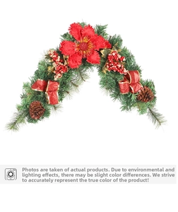 Detail of Christmas garland with red fabric flower, pine cones, and festive gold bows