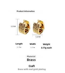Detailed view of hammered 24k gold plated brass huggie earrings with size dimensions