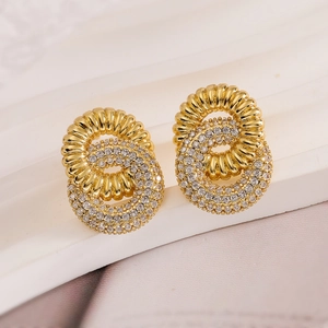 Light luxury 18k gold plated geometric earrings with ribbed metal and pavé zircon stones