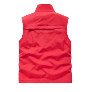 Back view of a red outdoor vest with a stand collar and windproof fabric construction
