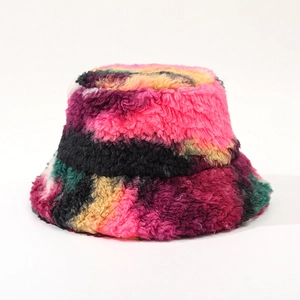 Detailed view of colorful plush tie-dye bucket hat with thick faux fur texture