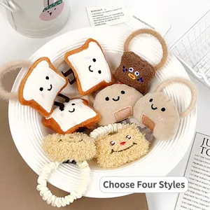 Cute plush cartoon rice ball and bread hair ties set for women and girls