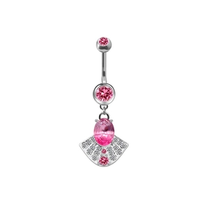 Detail shot of heart-shaped belly ring with pink zircon and fan-shaped pendant