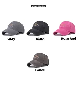 Detailed view of washed cotton baseball caps in gray, black, rose and coffee colors