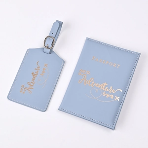 Blue PU leather passport cover and luggage tag set with gold foil adventure lettering