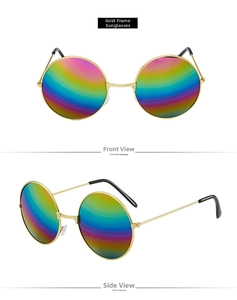 Detail of vintage round gold frame sunglasses with colorful rainbow reflective lenses