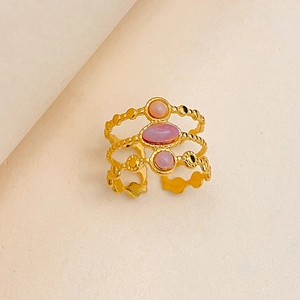 Vintage 18K gold plated stainless steel multi-layer ring with pink natural stones