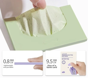 Detail of lavender scented oil blotting sheets showing 9.5cm size and 100 sheets pack