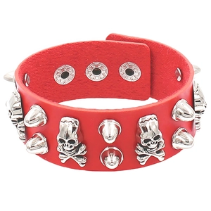 Detail view of red PU leather cuff with silver skull studs and adjustable snap button