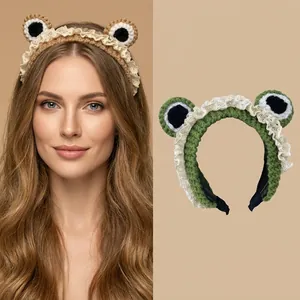 Cute knitted frog headband with big eyes and lace trim for women washing face