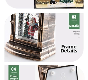Detailed views of Santa Claus snow globe lamp with vintage frame and power connection port
