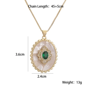18K gold plated necklace with oval shell pendant and green gemstone plus size details