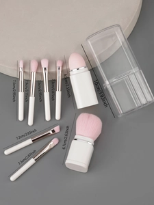 Detail of 8-in-1 makeup brush set with dimensions in a portable storage box