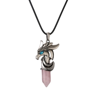 Collana con ciondolo testa di drago retrò e colonna esagonale in cristallo rosa