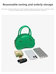 Macro view of green PVC jelly bag interior showing storage space for phone and perfume