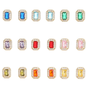 Sparkling square zircon stud earring set with nine colorful gems in gold finish