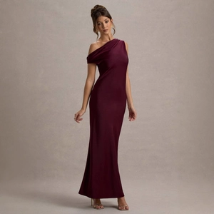 Elegant wine red one-shoulder satin maxi dress with a slim fit for evening party events