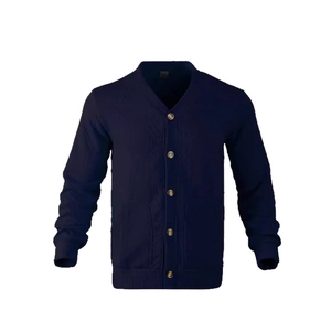 Men's slim fit dark blue knit cardigan with V-neck and stylish golden buttons