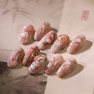 Stereo peach and cherry blossom press-on nails with Chinese ink style art stickers