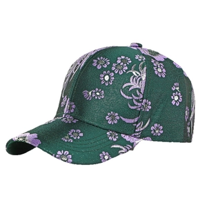 Ethnic style dark green baseball cap with purple floral embroidery and jacquard fabric
