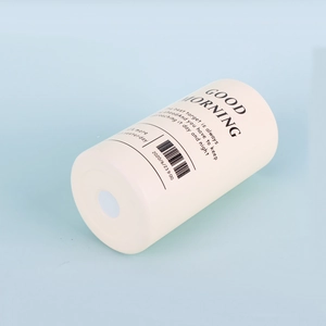 Detail of vacuum insulated stainless steel coffee cup with Good Morning print