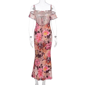 Detail of floral and leopard print summer maxi dress with thin straps and open back ties