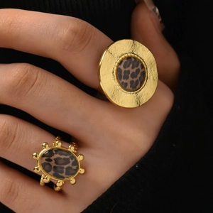 Minimalist 18K gold plated stainless steel leopard print rings set for women
