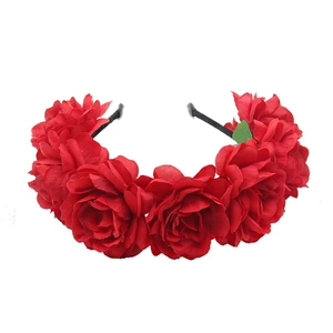 Floral wreath headband with large red silk roses for women and girls party costume