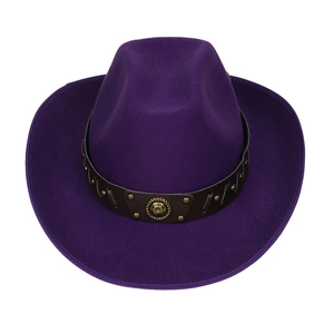 Top view of purple western cowboy hat with brown leather band and gold horseshoe buckle
