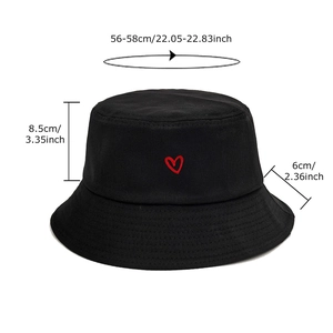 Black cotton bucket hat with heart embroidery and size dimensions for sun protection