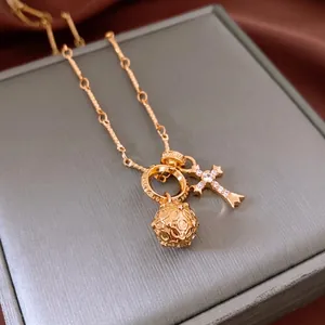 Vintage Cross Pendant Necklace Gold Silver Plated Copper Zircon Hollow Ball Clover Butterfly Fashion Jewelry For Women