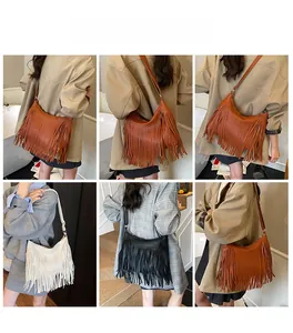 Collage of model showcasing retro tassel hobo bags in caramel, white, and black colors