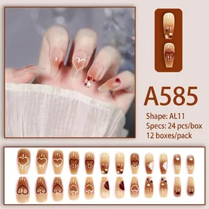 Press-on nails set A585 with gradient brown heart designs in long ballerina shape