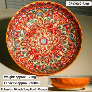 Bohemian 10 inch orange ceramic soup bowl with 2400ml capacity and mandala patterns