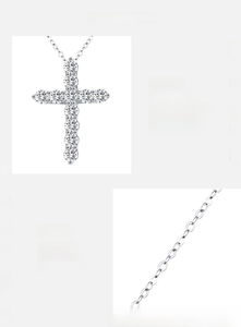Macro detail of S925 sterling silver cross pendant with D color VVS1 moissanite stones