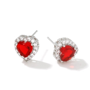 Exquisite silver heart stud earrings with red halo crystals and small white gems