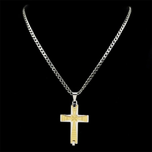 Fashionable two-tone silver and gold stainless steel cross pendant necklace on black background