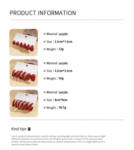 Detailed size and weight chart for red acrylic hair clips in three different sizes