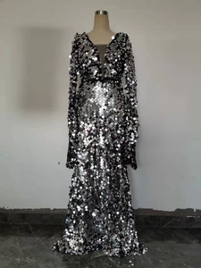 Détails de sequins argentés et décolleté plongeant en V sur cette robe de soirée longue