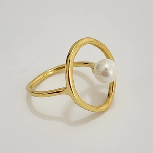 Minimalist 925 sterling silver geometric open ring with an elegant white pearl accent