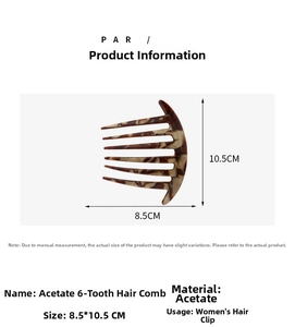 Detail view of acetate 6-teeth hair comb showing 8.5x10.5cm dimensions on white background