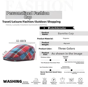 Detail view of colorful plaid beret hat with dimensions and material specifications